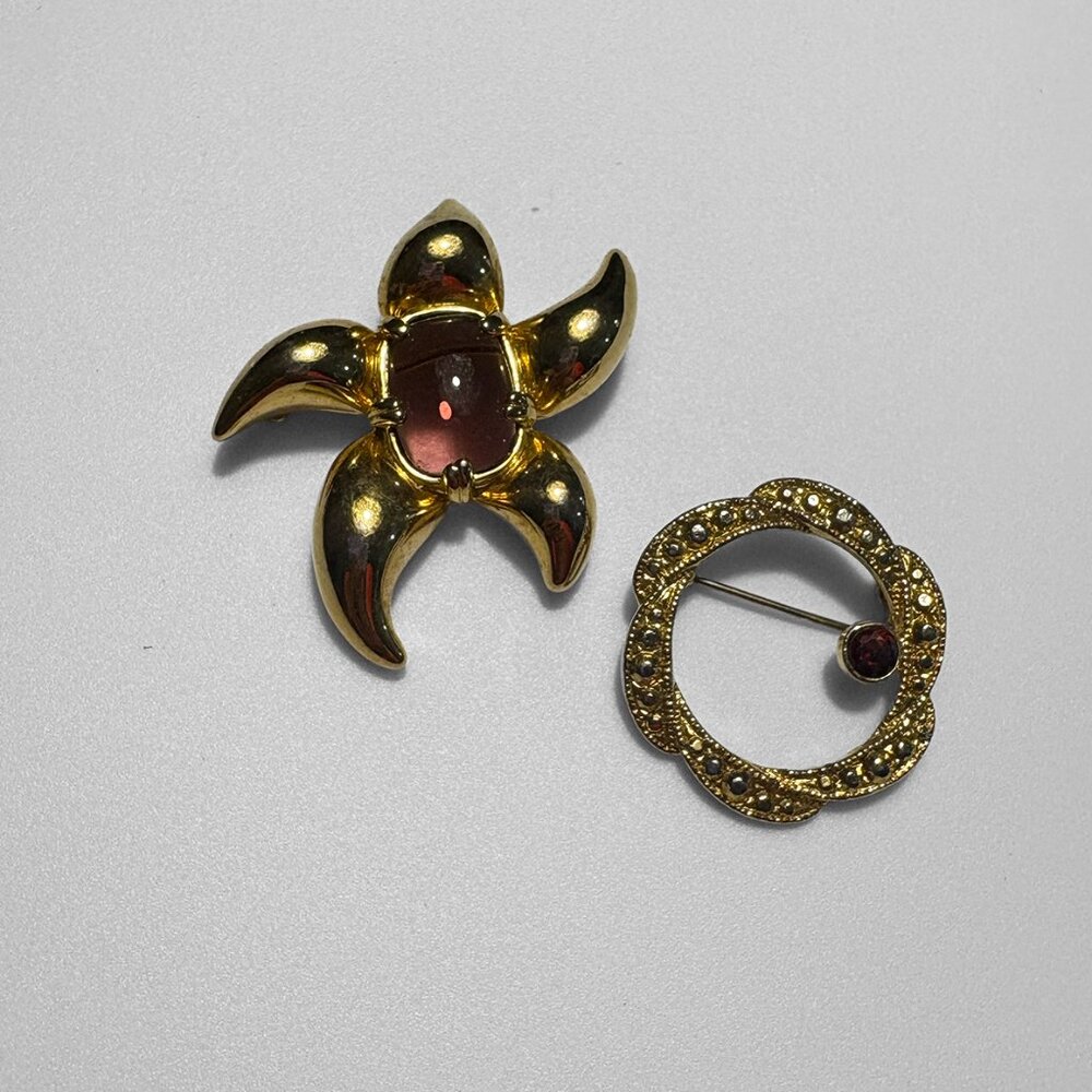 Vintage Brooch Set – Signed Pierre Cardin Starfish + Gold Tone Burgundy Gem
